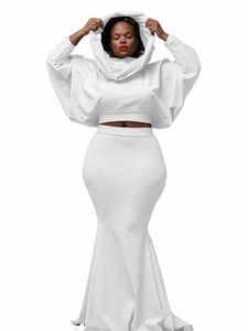 lw Plus Size Batwing Sleeve Solid Color Trumpet Skirt Set Autumn & Winter Hooded Collar Tops+Mermaid Skirt Two-Pieces l65r#