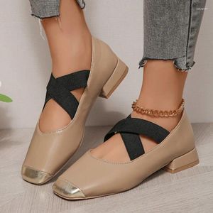 Sıradan ayakkabılar moda elastik çapraz kayış tıknaz topuk kadın pompalar rahat düşük topuklular vintage kare ayak parmağı Mary Jane boyutu 42 43
