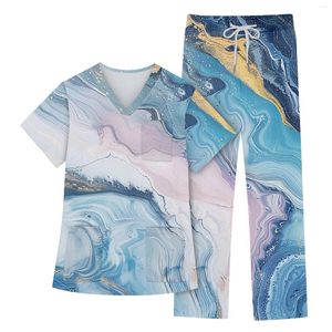 Women's Two Piece Pants Uniform Women Nursing Scrubs Tops Set Short Sleeve Marble Print Working With Pockets Top Workwear