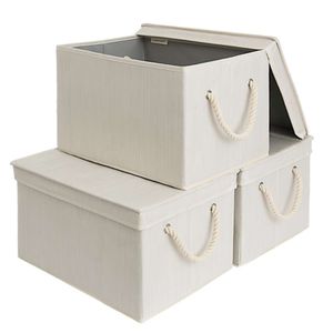 3-teiliges Set Jumbo-Box mit Deckel, weichen Seilgriffen, Kleiderschrank, Kleidung, Unterwäsche, Socken-Organizer, Haushalts-Aufbewahrungsbehälter, Mischung aus Beige und Weiß-Elfenbein