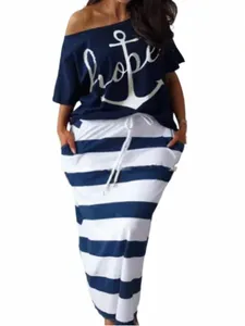 plus Size Casual Outfits Set, Women's Plus Anchor & Letter Print Short Sleeve T-shirt & Strip Slim Fit Skirt 2pcs Set, Women Plu Q492#