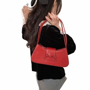 Miyagawa 2024 New Red Handbag Fiable PU Women's ShalledBags Korean Chic Sweet Bow Law Stickアンダーアームバッグk9he＃