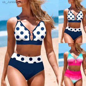 Women's Swimwear New Summer Womens Blue Polka Dot Printed Tank Top Bikini Two-piece Swimsuit Lace Up Sexy Beach Set S-5XL T240330