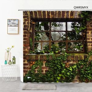 ستائر دش النافذة والنباتات الخضراء على الجدار الحجري 3D طباعة التقليدية بناء منتجات ستارة ديكور الحمام