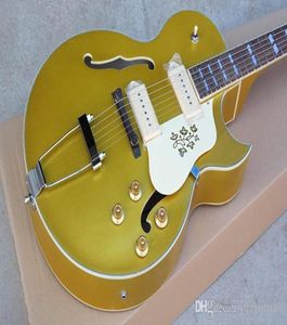 Guitarra elétrica de corpo oco dourado de fábrica personalizada com conector P90 captador branco leitoso escudo cor personalizada microlabel1235640