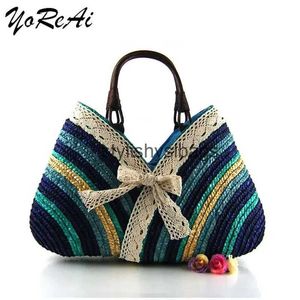 Totes YoReAi Womens Summer Handmade Vacation Bag Colorido Listrado Grama Bolsa Handmade Womens Basket Lace Handbag Womens Handbag H240330