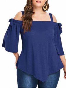 elegant and Youth Women's Black Summer Blouses Casual Plus Size Spaghetti Strap Bare Shoulder T Shirts with Bow Cott Plus Size h3VJ#