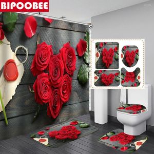 Shower Curtains Love Roses Flowers Curtain Bathroom Non-Slip Pedestal Rug Toilet Cover Bath Mats Set Valentine's Day Decoration