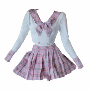 2022 School Sailor Suit Skusujący ciasny w stylu bluzki w stylu bluzki w wysokiej strukturze plisowana topowa spódnica dla kobiet dziewczynki plisowana spódnica x4mq#