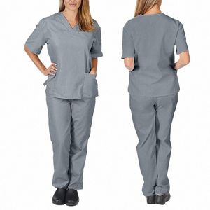 enfermeira uniforme ternos médicos com decote em V enfermagem esfrega uniforme Sal Spa Pet Grooming Instituti roupas de trabalho de manga curta Tops calças 83dN #