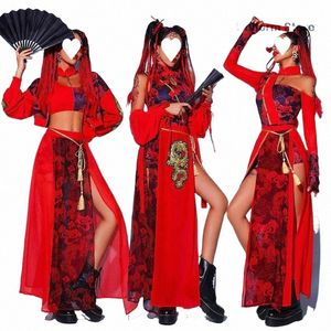 Roupas de desempenho de jazz feminino estilo chinês Red Festival Outfits Hip Hop Roupas para adultos Gogo Dance Stage Costumes DQS6259 K09X #