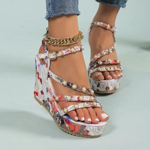 Sandals Women'S Summer 2024 Wedge Flowers Prints Buckle Strap Open Toe Comfortable Beach Shoes Large Non-Slip Footwear