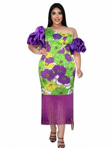 Ontinva Patchwork Party Dr Plus Kobiety Nieregularny puff rękawy Purple Printed Bodyc Midi Evening Cocktail Tassel Outfits S707#