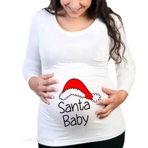 Pregnant Woman Christmas Long Sleeve Santa Baby Print T Shirt Christmas Side Ruched Maternity Top Pregnancy Clothes Pregnant Tee