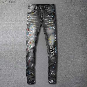 Men's Jeans Tear denim pants old washed stretch jeans new retro splatter ink Jean Hombre patch street bike tight tapered TrouserL2403