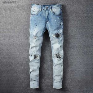 Herren Jeans 2022 Graphit Jeans Herren Street Kleidung Ultra-dünne Jeans Schwarze Herren Homme Hole zerrissen Denim Bleistifthose Blaues Klebeband Beine Hosen Pantalon Hommel2403