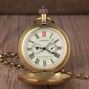 Vintage Retro Copper Watch Men Alloy London Mechanical Pocket Watch With Metal Chain Steampunk Roman242H