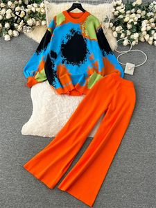 Tekerer kış moda kalın kazak takım elbise bağ boyası gevşek piliççelastik uzun pantolon baskı gündelik örme iki parça seti 240326
