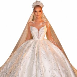 Modesto O-Collo Manica Lg Sposa Dr Sparkly Paillettes Abito da sposa di lusso Abito di sfera in raso Lg Abito da sposa Vestido De Novia r0Vg #