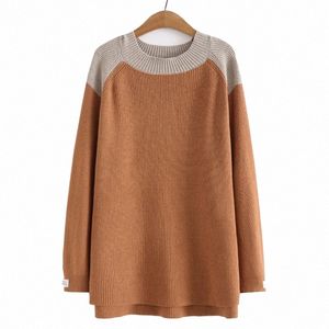 3xl Plus Size Sweaters Women Autumn Winter O-Neck Warm Jumpers Fi Ctrast Color Sleeves Labelling Knitted Pullovers w5TC#