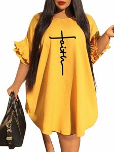 lw Plus Size Faith Letter Imprimir Ruffle Design Solto Dr Elegante Verão Manga Borboleta Ombro Gota Uma Linha Roupas Femininas z9r8 #