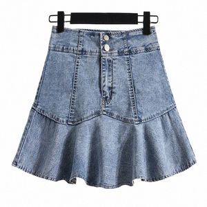Plus-storlek L-5XL Y2K denim En linjekjol för kvinnor Hög midja fi Summer veckade jean kjolar kvinnliga vintage korea kläder r5fq#