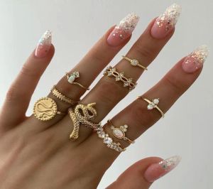 Rings 15 Pcsset Vintage Boho Snake Shape Finger Rings Set Gold Crystal Kunckle Ring Wedding Party Jewelry Accessories