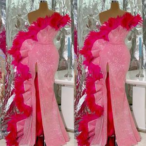Runway Dresses Feather Pink Glitter Prom One Shoulder Sequins Side Split Evening Dress Custom Made Floor Length Party Gown