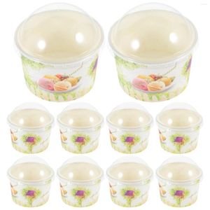 Disposable Cups Straws 50 Sets Ice Cream Paper Bowls Ball Cake With Lid Pudding Packaging Cold Soup