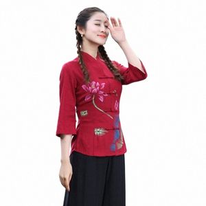 Kvinnors populära tryck återställer forntida skjorta kinesiska traditionella toppar qipao chegsam stil skjorta blusa kott linne topp h3af#