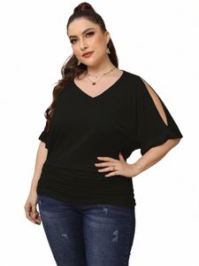 elegant Plus Size T-Shirt Summer Style Pleated Casual Slit Sleeve Top p5OM#