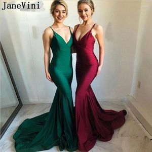 Party Dresses Janevini Simple Mermaid Long Bourgogne Prom Sweep Train 2024 Spaghetti Stems Sexig öppen rygg plus storlek Satinklänning