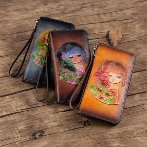RFID Anti-theft Brush Handmade Leather Wallet For Women With Top Layer Cowhide Long Vintage Wallet Woman Clutch Bags