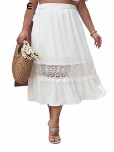gibsie Plus Size Ctrast Lace Elastic Waist A-Line Skirt Women 2024 Spring Summer White Boho Casual Vacati Lg Skirts u1vv#