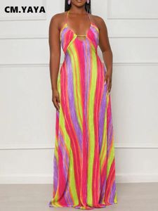 CMYAYA Women Rainbow Striped Printed Strapless Sleeveless Straight Pleated Maxi Dress 2023 Vestido Sexy Party Club Even Dresses 240329