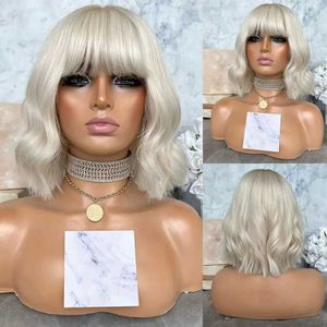 Nxy vhair peruki rongduoyi krótki bob lekka blondynka fala body syntetyczna długość shoulera włosy z grzywką koronkową frontową imprezę cosplay kobiety używają 240330