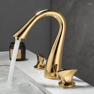 Badezimmer-Waschtischarmaturen, goldenes Becken, komplett aus Messing, schwarzer Wasserhahn, 3 Löcher und kalter Wasserfall-Wasserhahn