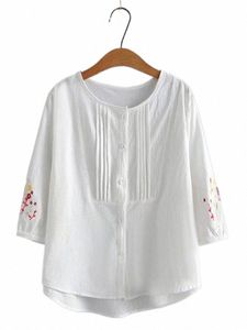 plus Size Women's Clothing Shirts Summer N-Stretch Cott Blend O-Neck Tops Pleated Design On Frt Chest Sleeves Embroidered 99Kq#