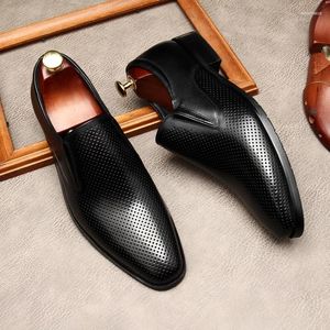 Dress Shoes Italian Mens Business Loafers Luxury Genuine Leather 2024 Fashion Hollow Style Breathable Slip On Summer Black Man