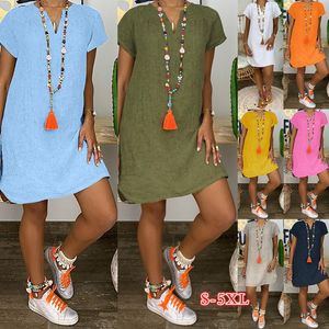 Sommarkläder Kvinnor Bomull Linne Casual Short Sleeve Dress