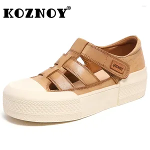 Kleidschuhe Koznoy 4,5 cm Ethnische Plattform Keil Mary Jane Damen Natürliche Kuh Echtes Leder Runde Sandalen Luxus Haken Sommer Frauen