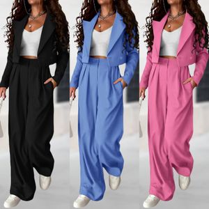 Women Blazer Jackets And Wide Leg Pants Set Solid Color Business Casual Suit Sets Versatile 2 Piece Female Work Outfits 240329