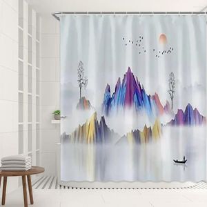 Shower Curtains Chinese Painting Curtain Aesthetic Abstract Creative Ink Landscape Scenery Bathroom Decor Bath Set With Hook