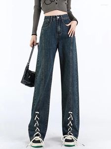 Jeans femininos azul baggy mulheres denim calças y2k rendas até cintura alta streetwear perna larga moda coreana calças de comprimento total
