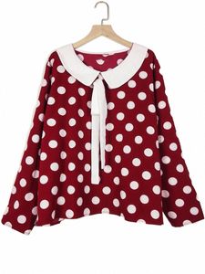 Finjani Women's Plus Size Blouse Polk Dot Print Lace Up Frt Top Doll Collar LG Sleeve Clother for AutumnW8XF＃