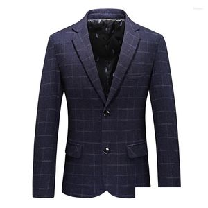 Mens Suits Blazers Men Blue Plaid Jackets Formal Wear Business Spring Autumn Male Casual Slim Size 4xl Drop Delivery Apparel Clothing DHCV3