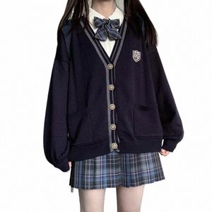 Cardigan lavorato a maglia stile college giapponese JK uniforme blu manica Lg maglione ricamo studente coreano allentato scuola ragazze uniforme e2bm #