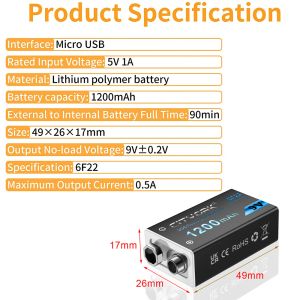 9V uppladdningsbart batteri 1200mAh 6F22 9V Micro USB laddningsbatterier med USB -kabel för metalldetektormikrofonleken multimeter