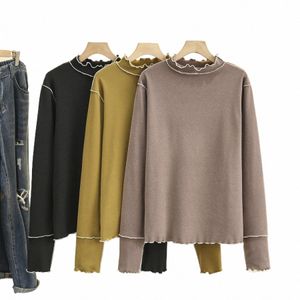 4XL Plus Size Basic T-Shirt Frauen Herbst Winter Rüschen Stehkragen Warm Slim Tops Fi Bright Line Fleece LG Sleeve Tees l2ke #