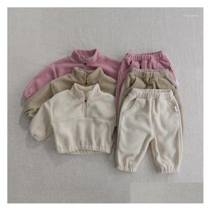Clothing Sets 2Pcs Autumn Winter Kids Clothes Girl Baby Sports Suit Toddler Fleece Solid Color Hoodies Warm Outfits Drop Delivery Mate Dhwuv